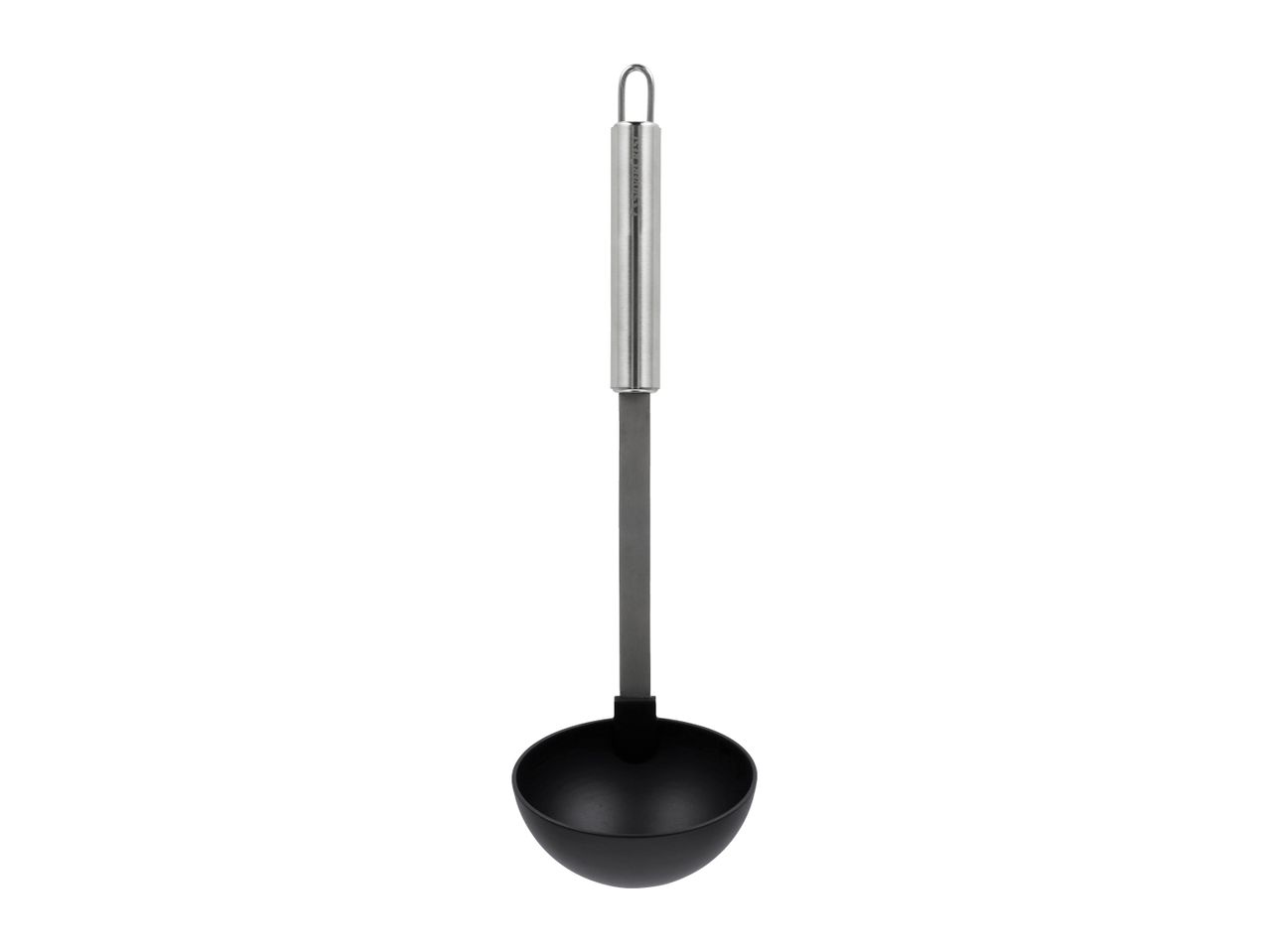 Black soup ladle with a stainless steel handle