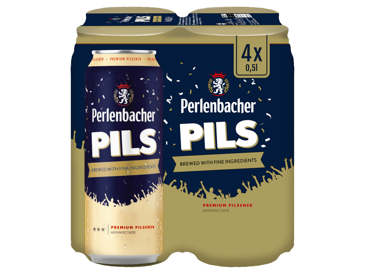 Confezione da 4 lattine di birra Perlenbacher Pils.