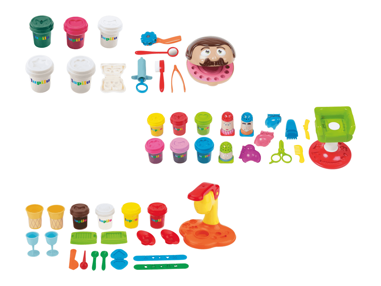 Lupilu-muovailuvahasetit: hammaslääkäri, kampaamo ja jäätelökioski.