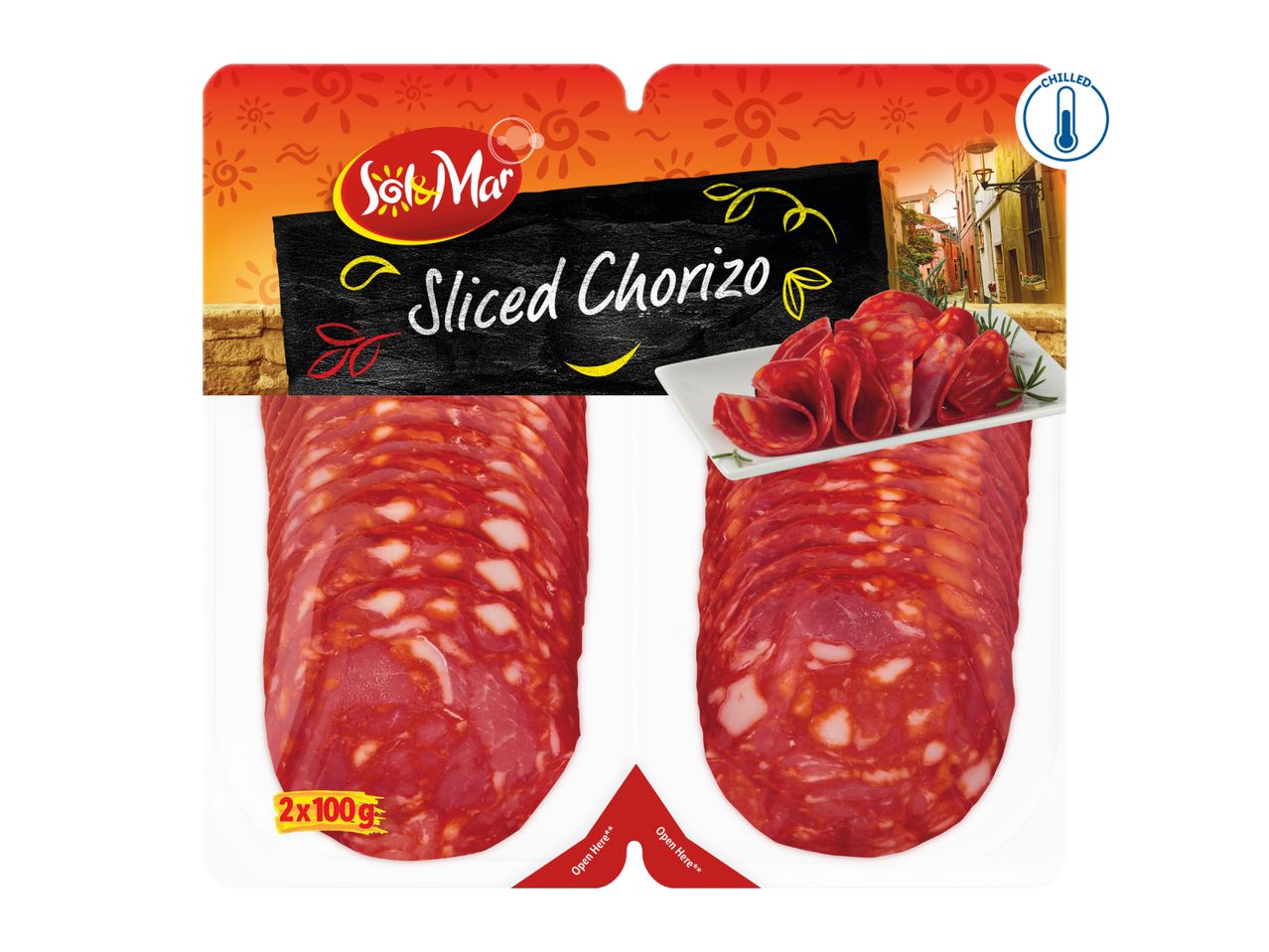 Sliced chorizo in a twin pack, with a chilled icon and a Mediterranean street scene.