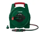 Green hose reel with a red handle, hose, and nozzle attachments.
