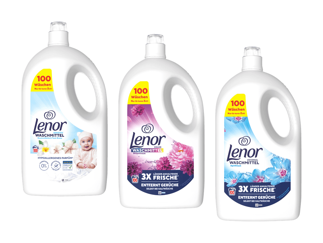 Drei 100-Waschmittel-Flaschen mit verschiedenen Düften und einer hypoallergenen Variante.