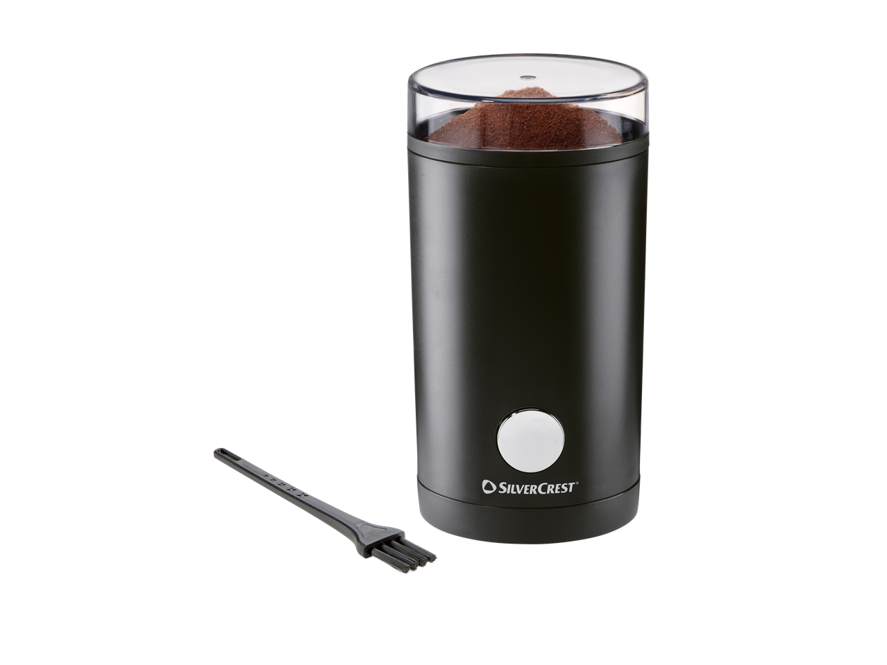 Râșniță de cafea SILVERCREST® cu cafea măcinată și perie de curățare.
