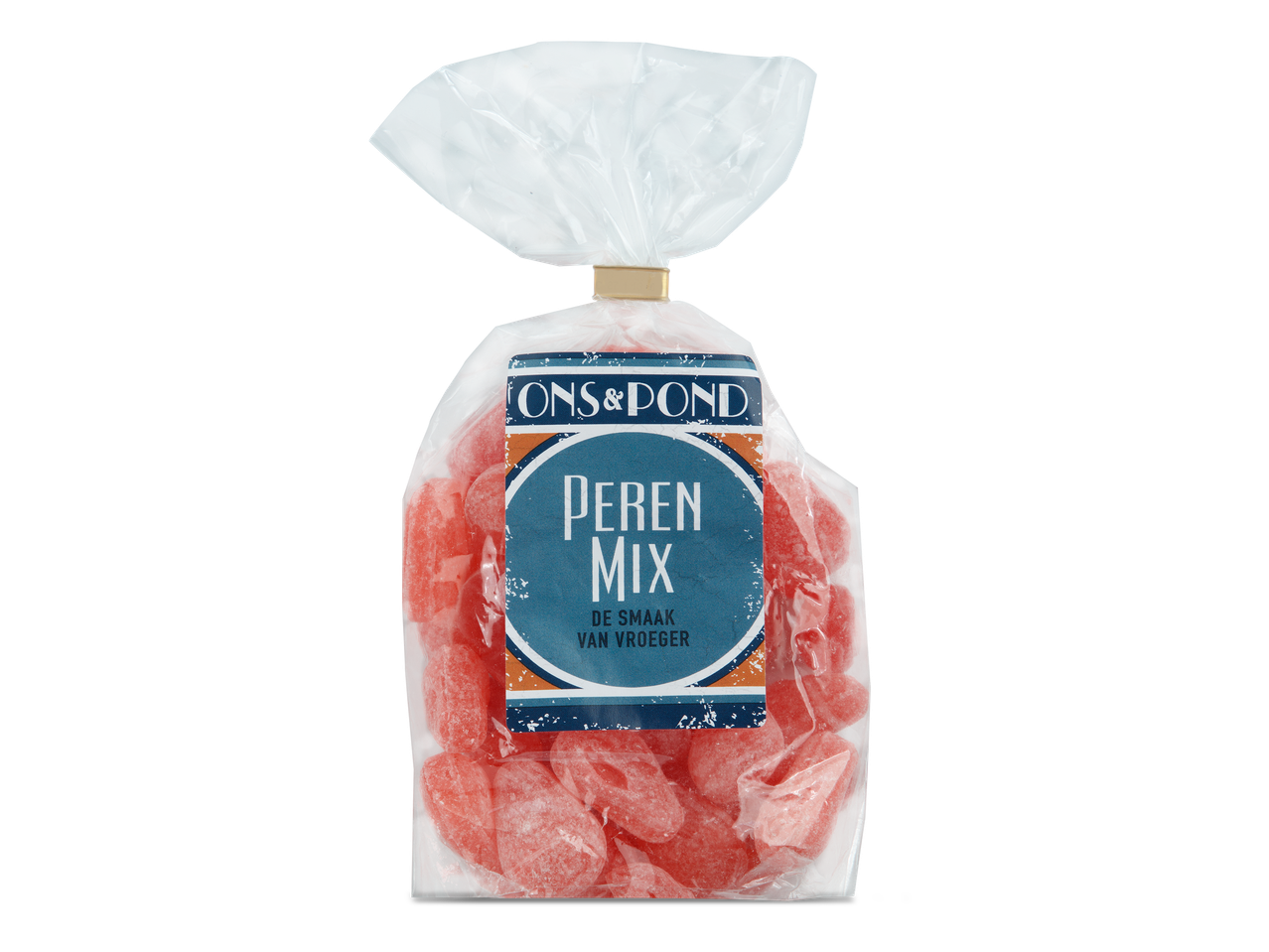 Zakje met roze perensnoepjes, met een label waarop 'Peren Mix' en 'De smaak van vroeger' staat.