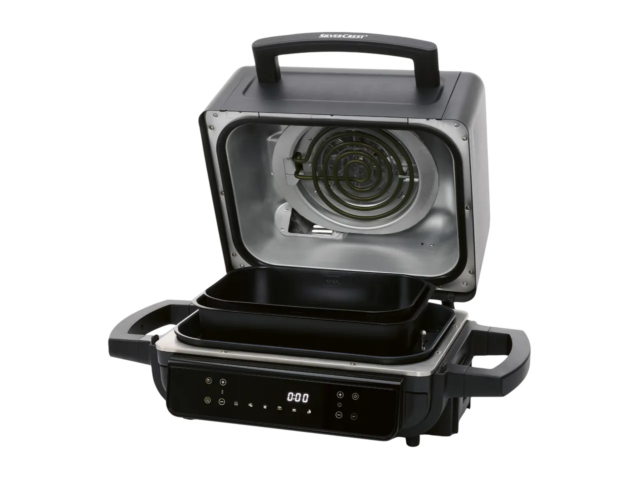 Open air fryer with two black cooking inserts and a digital display showing '0:00'