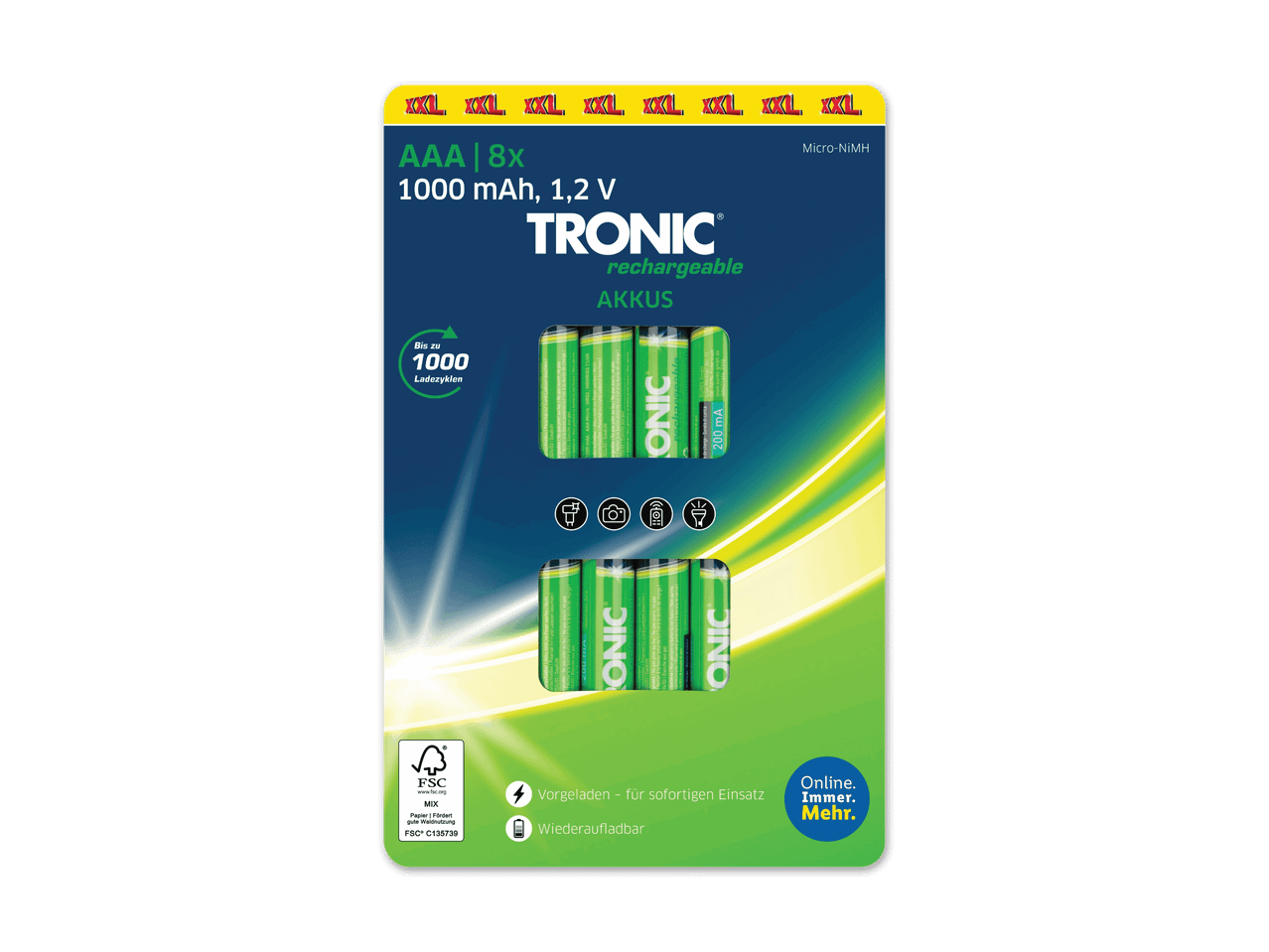 TRONIC AAA Micro-NiMH Akkus, 1000 mAh, 1,2 V, 8 Stück