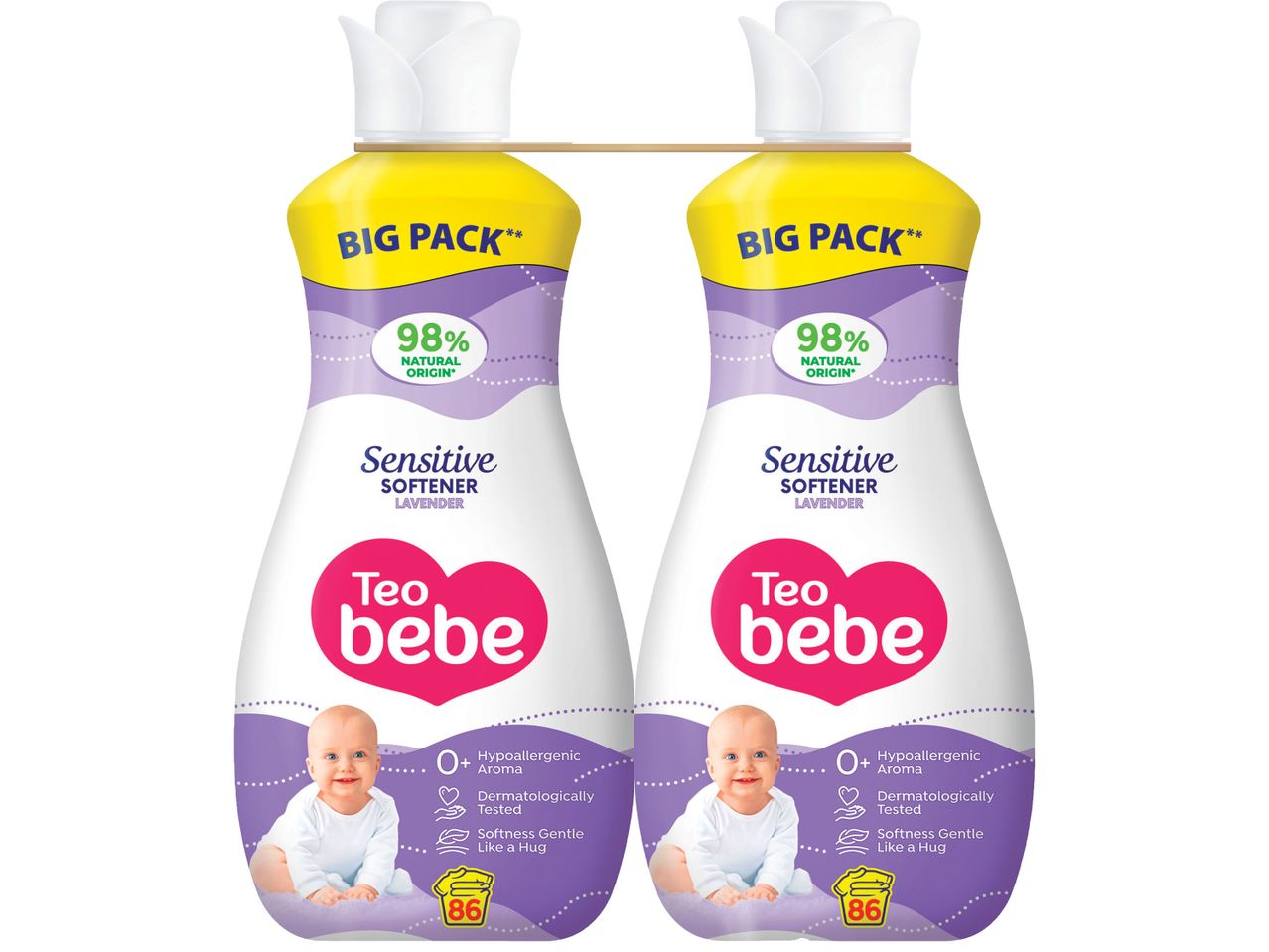 Две бутилки омекотител Teo Bebe Sensitive Lavender в голяма опаковка.