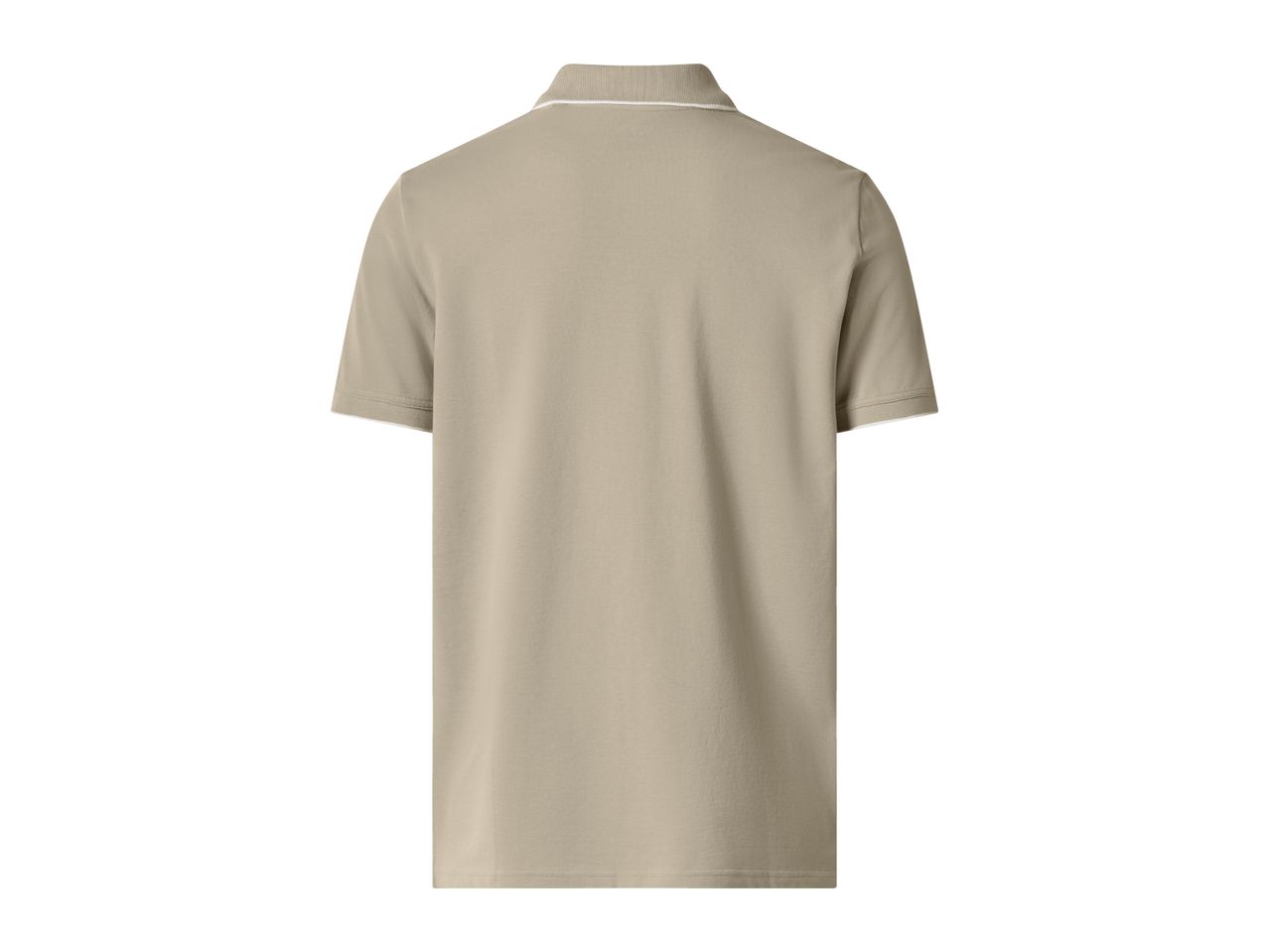 Back view of a men's beige polo shirt with white trim on the collar and sleeves.