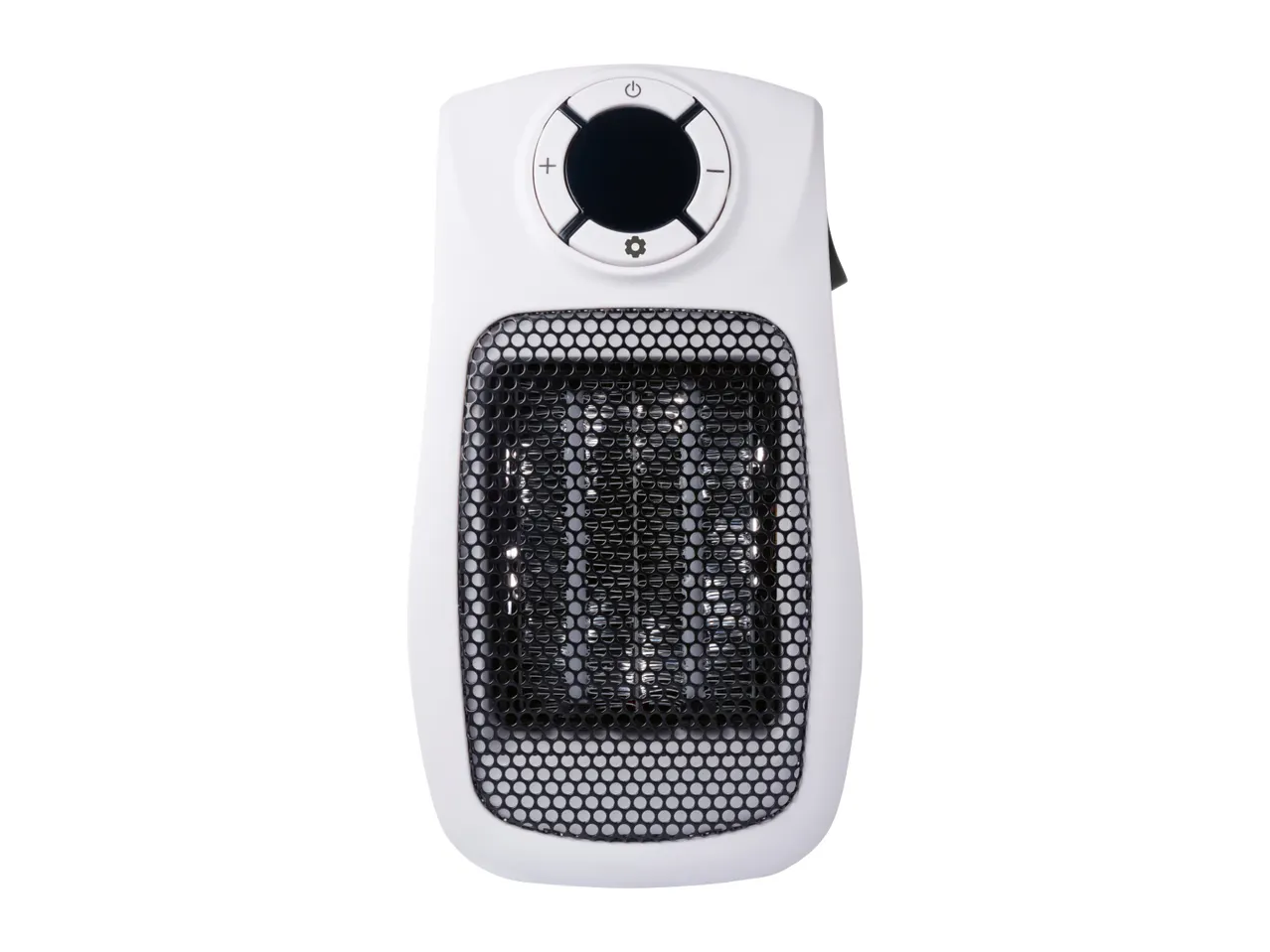 White portable electric heater with a digital display and control buttons