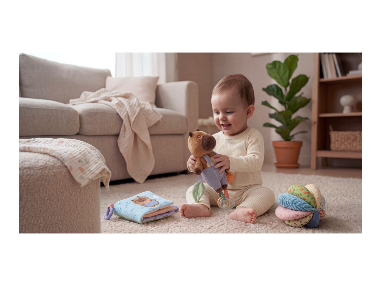 Happy baby playing with a soft toy, fabric book, and sensory ball on a rug.