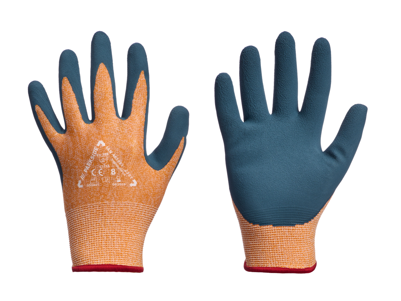 PARKSIDE® radne rukavice u narančastoj i plavoj boji, prednja i stražnja strana.