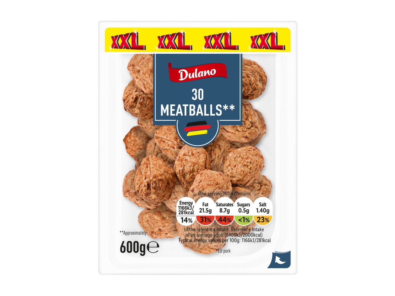 XXL meatballs with nutritional information and a German flag icon.