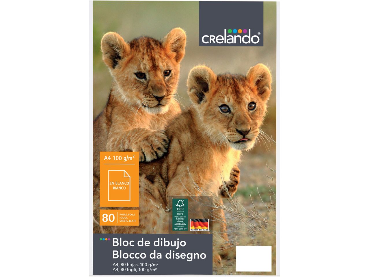 Blocco da disegno Crelando A4 100 g/m² con 80 fogli bianchi, raffigurante due cuccioli di leone.