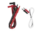 Multimeter test leads and a white thermocouple wire with red and black connectors.