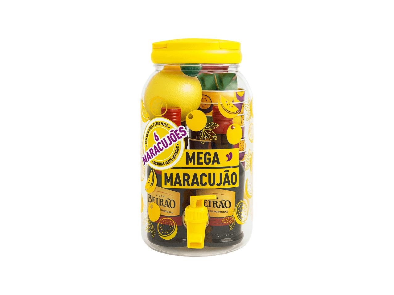 Um frasco de vidro com uma torneira, contendo garrafas de licor, limões, copos e gelo, com a inscrição 'MEGA MARACUJÃO'.