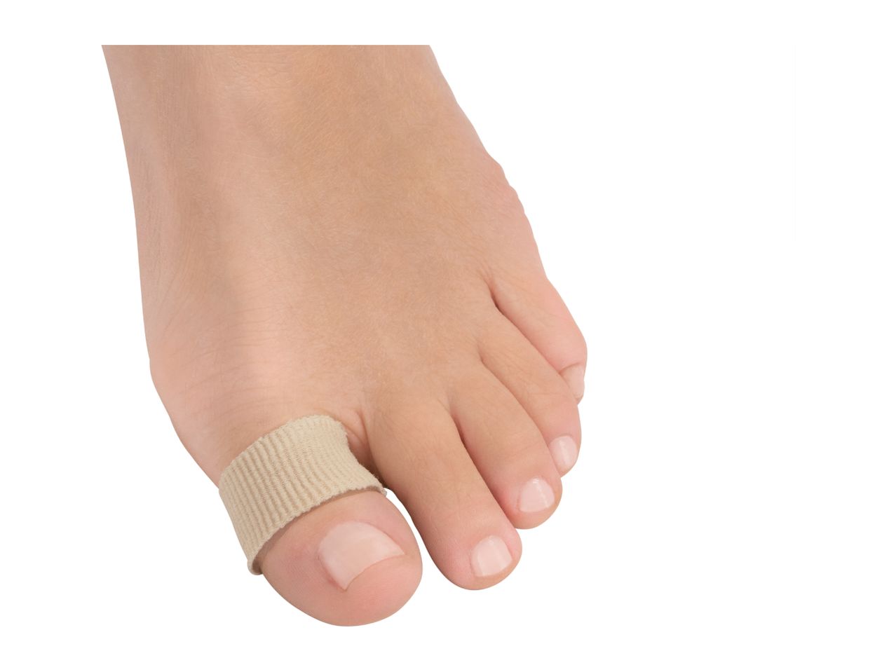 Foot with a beige toe bandage on the big toe.