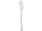 Fourchette en métal argenté sur fond noir.