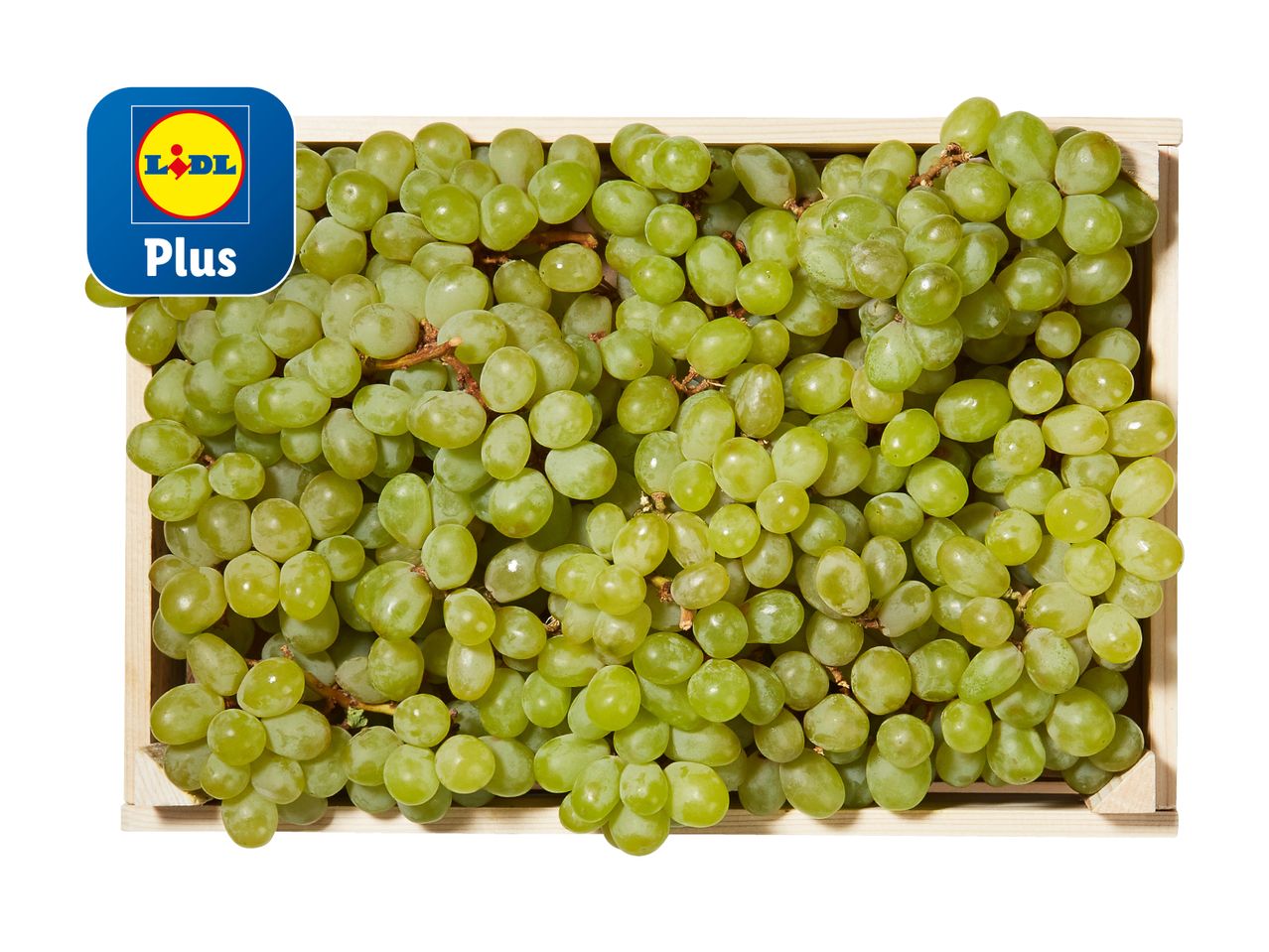 Lidl Plus grüne Trauben in Holzkiste.