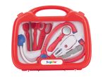 Red toy doctor's kit with stethoscope, thermometer, mirror, and other medical tools.