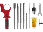 A set of Hilti drill bits, chisels, and accessories, including a chuck key and grease.