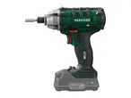 A green and black Parkside impact driver with a battery pack attached.