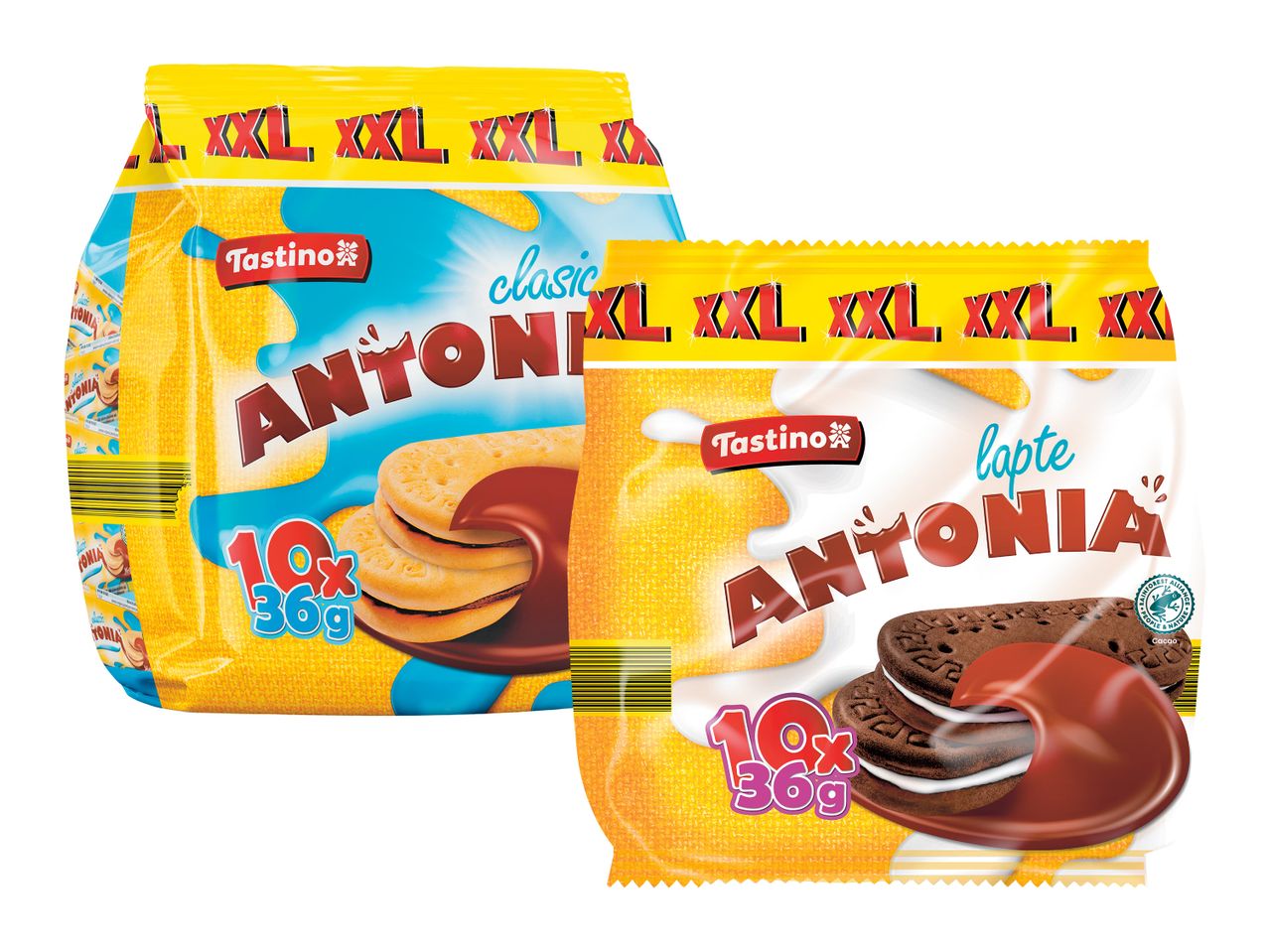 Două pungi de pudră de ciocolată Antonia, una cu lapte și una cu ciocolată.
