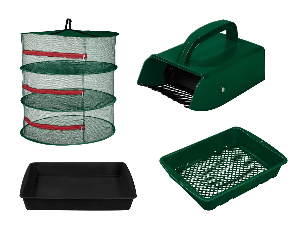 Gartengeräte-Set mit Gemüse-Trockennetz, Schaufel und Schalen.