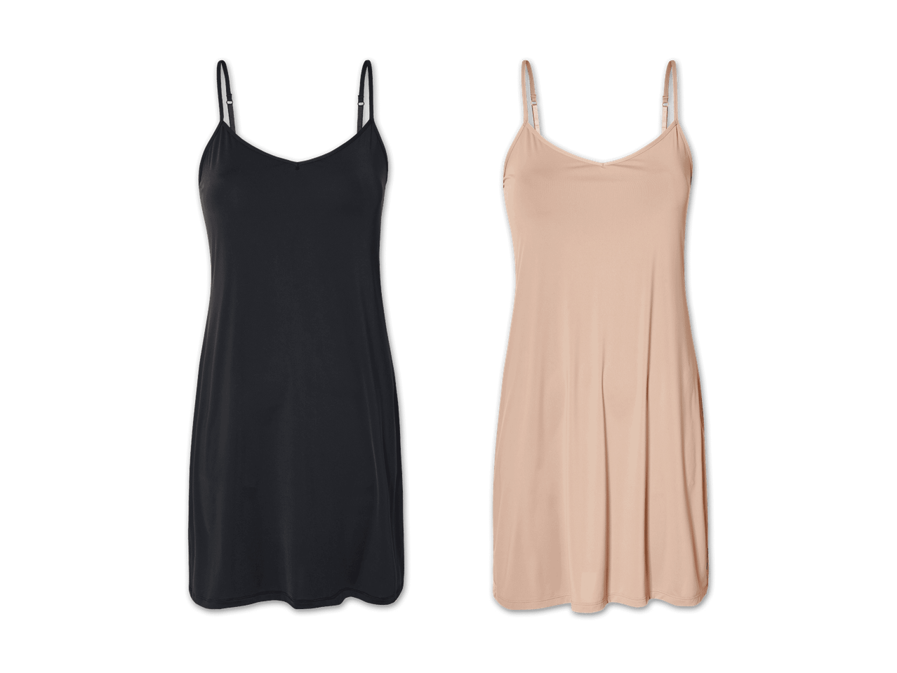Zwei schulterfreie Unterkleider, eines schwarz, eines beige, auf schwarzem Hintergrund.