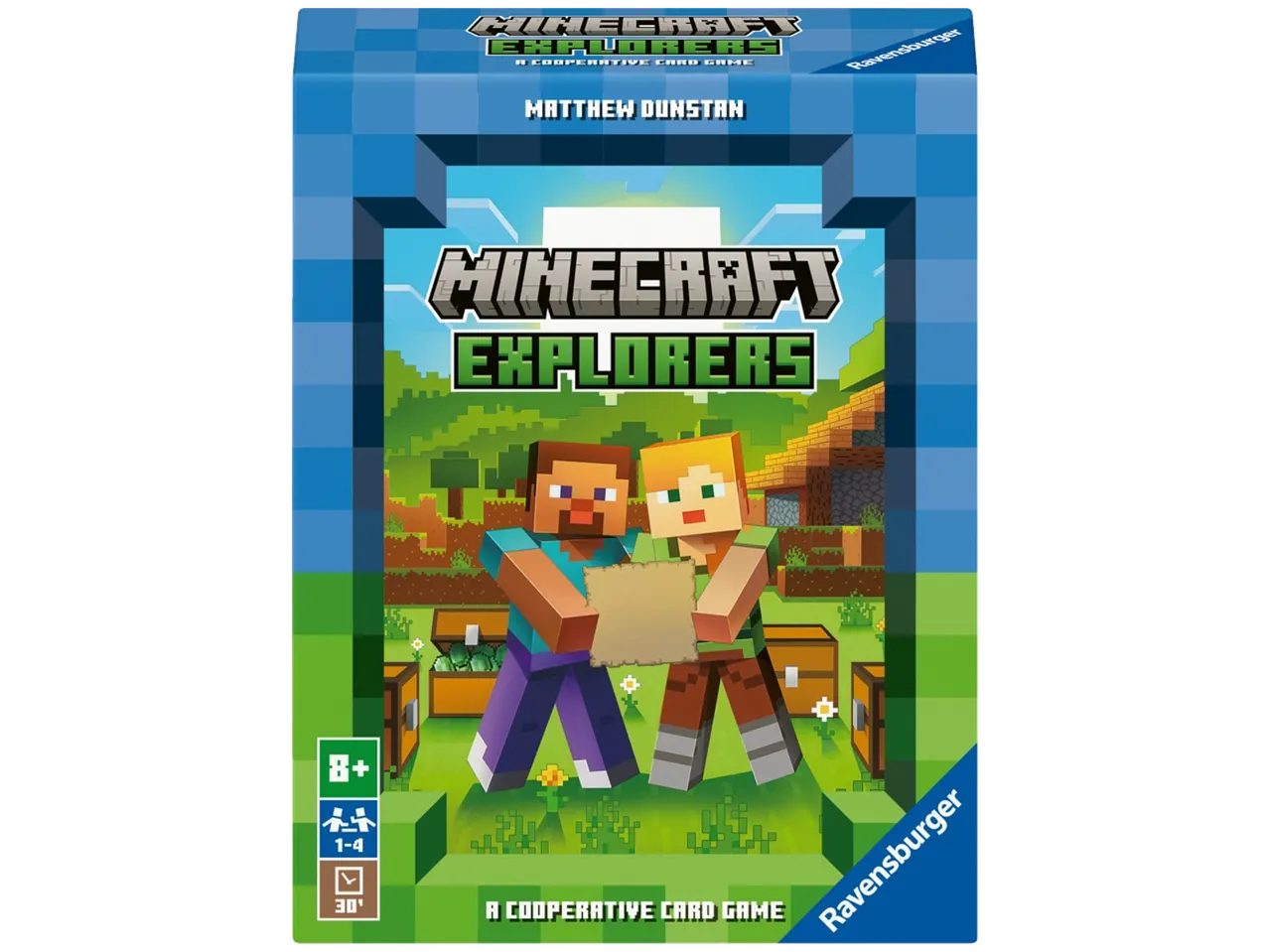 Minecraft Explorers cooperative card game box featuring Steve and Alex with a map.