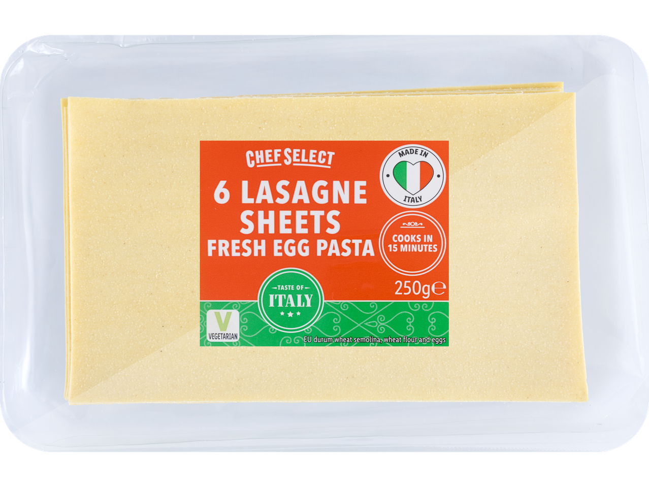 Chef Select: 6 lasagne sheets, fresh egg pasta.
