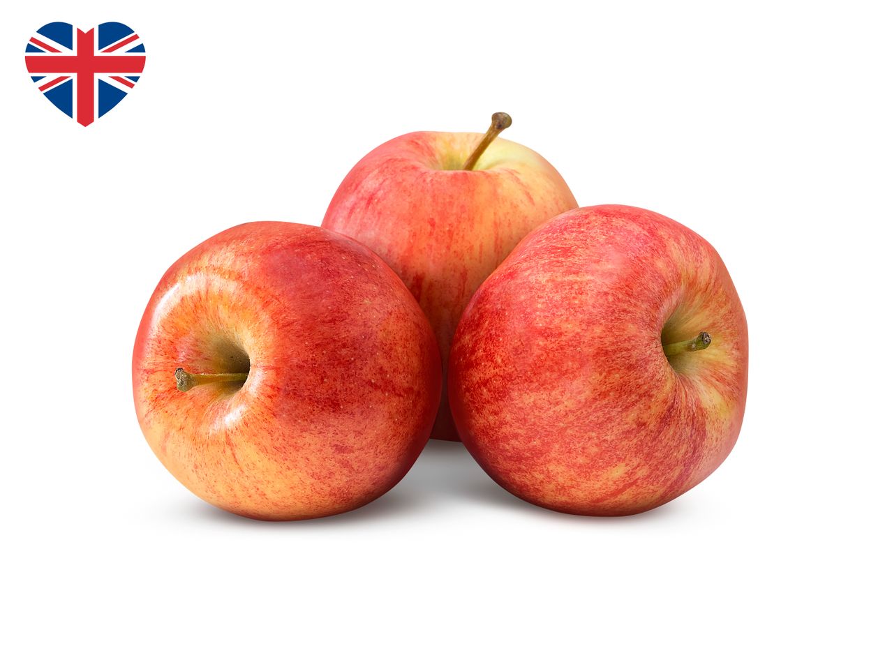Three red apples with a heart-shaped Union Jack flag in the corner.