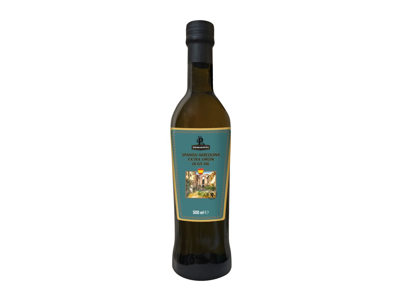 A bottle of Spanish Arbequina extra virgin olive oil with a teal label featuring an old building and olives.