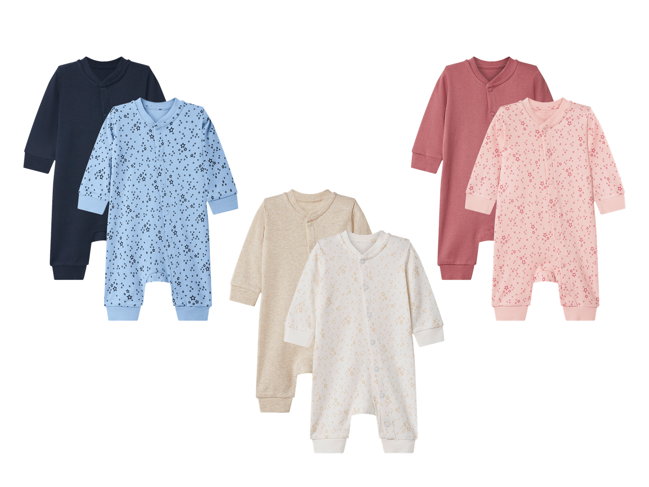 Set od šest dječjih kombinezona u plavoj, bež i ružičastoj boji, s uzorkom zvjezdica.