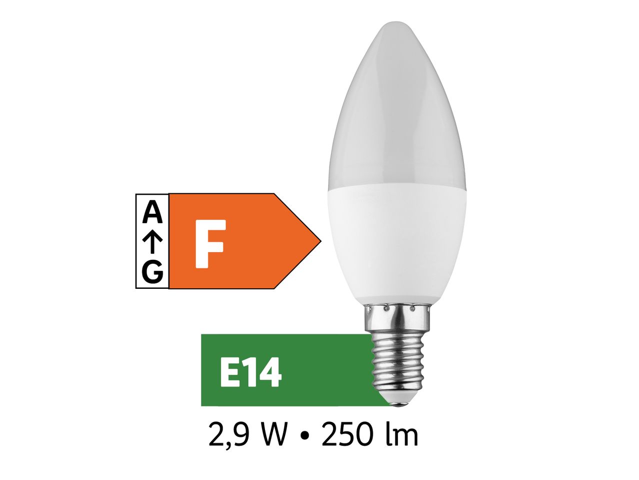 Žarnica E14 z energijsko nalepko F, 2,9 W, 250 lm.