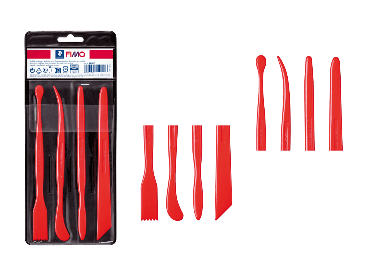 Ensemble d'outils de modelage rouges dans un emballage transparent, avec diverses formes pour le modelage.