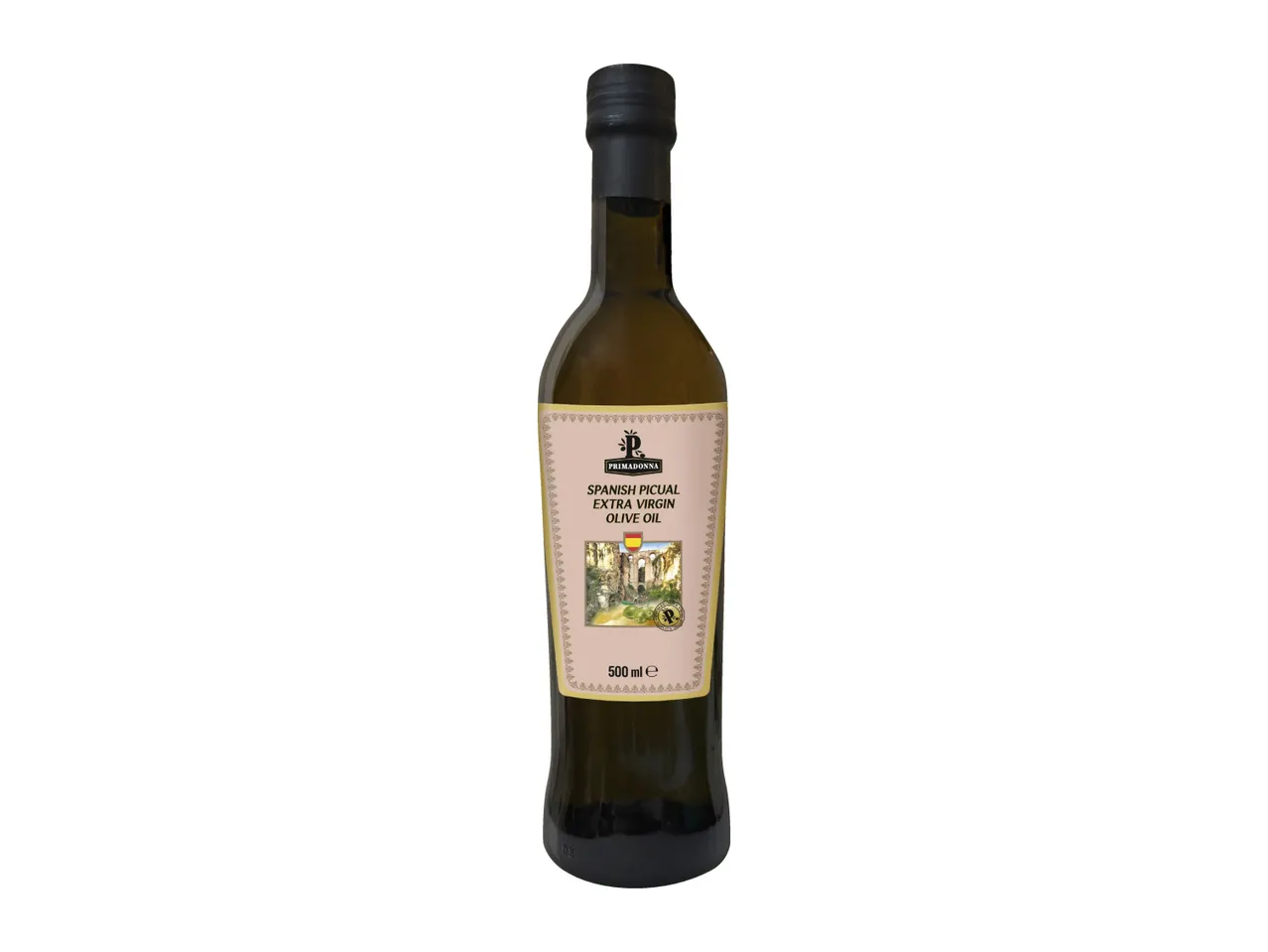 A bottle of Spanish Picual extra virgin olive oil, 500 ml, with a label depicting a Spanish landscape.