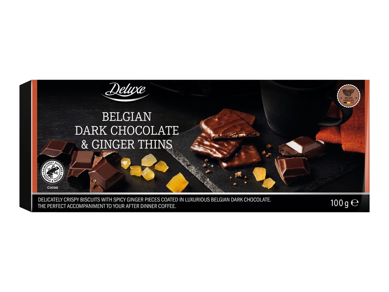 Deluxe Belgian Dark Chocolate & Ginger Thins, 100g, with Rainforest Alliance cocoa.