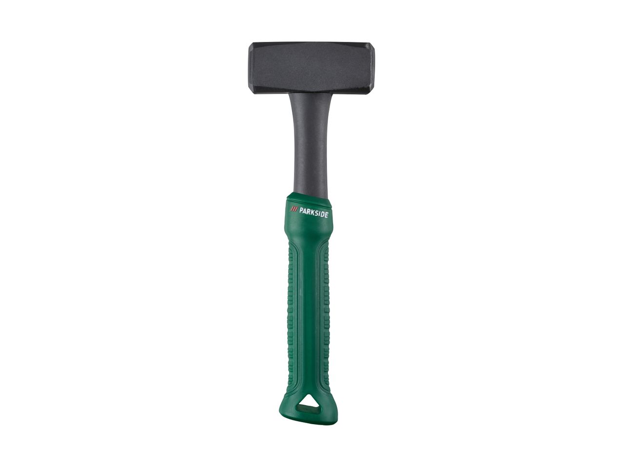 A sledgehammer with a black head and a green and black handle.