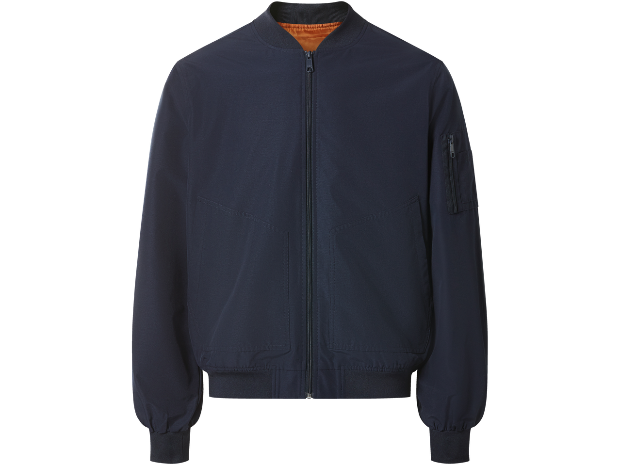 Tamsiai mėlyna Esmara Men vyriška bomber striukė su oranžiniu pamušalu.