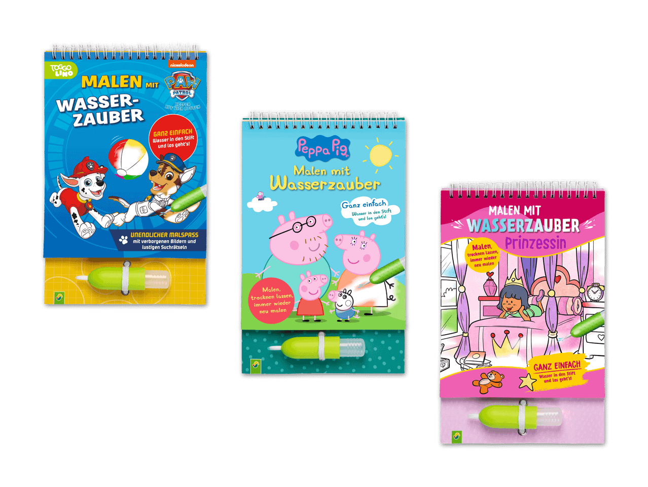 Drei Malbücher mit Wassermalerei: Paw Patrol, Peppa Pig und Prinzessin.