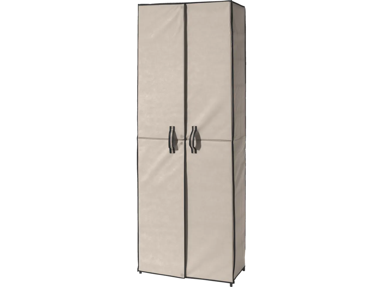 A beige fabric wardrobe with two doors and black handles.