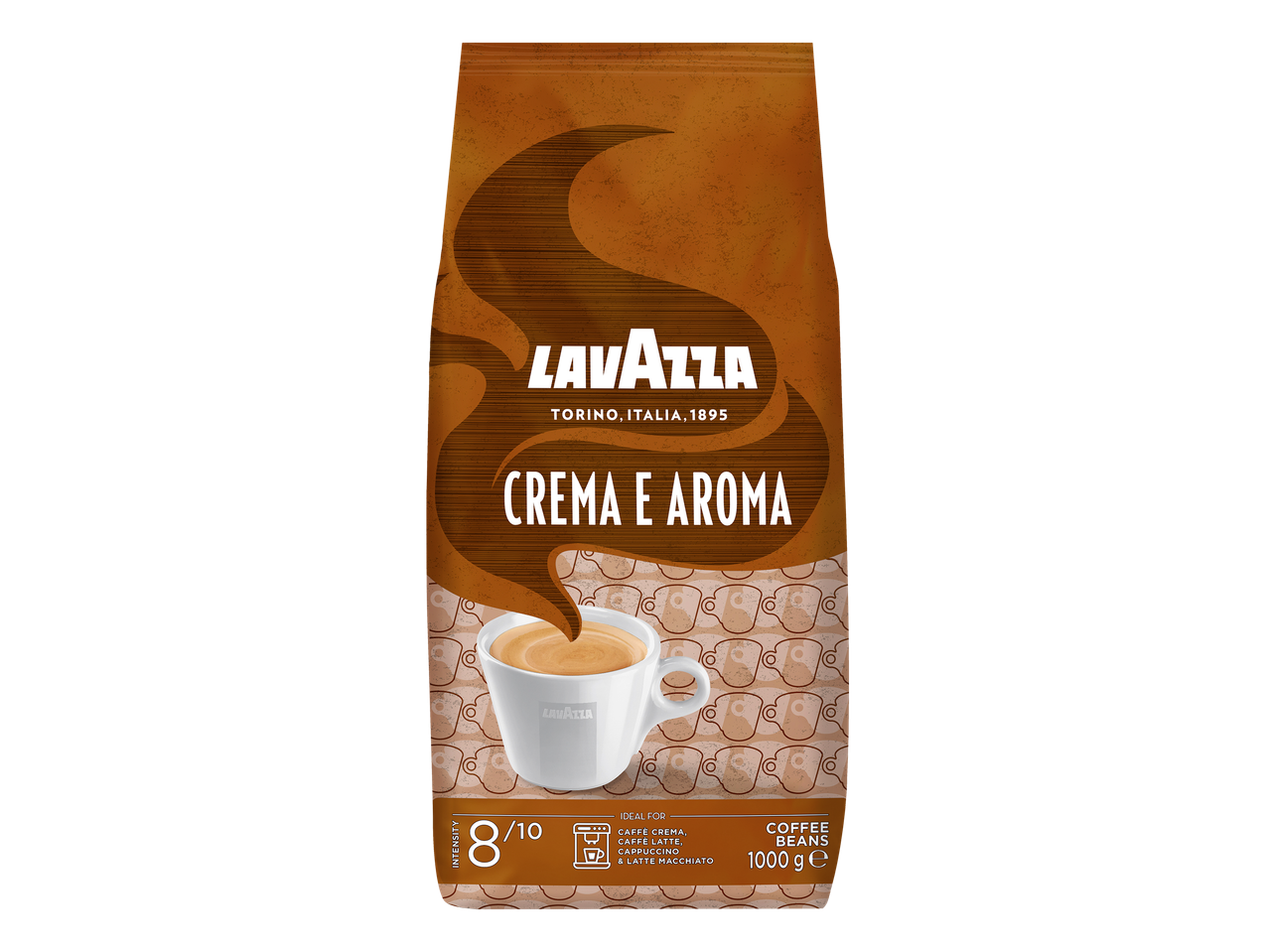 Een verpakking koffiebonen Crema e Aroma van 1000 gram met een intensiteit van 8/10.