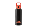 Eine schwarze Craft-Trinkflasche mit orangenem Deckel und Tragegriff.