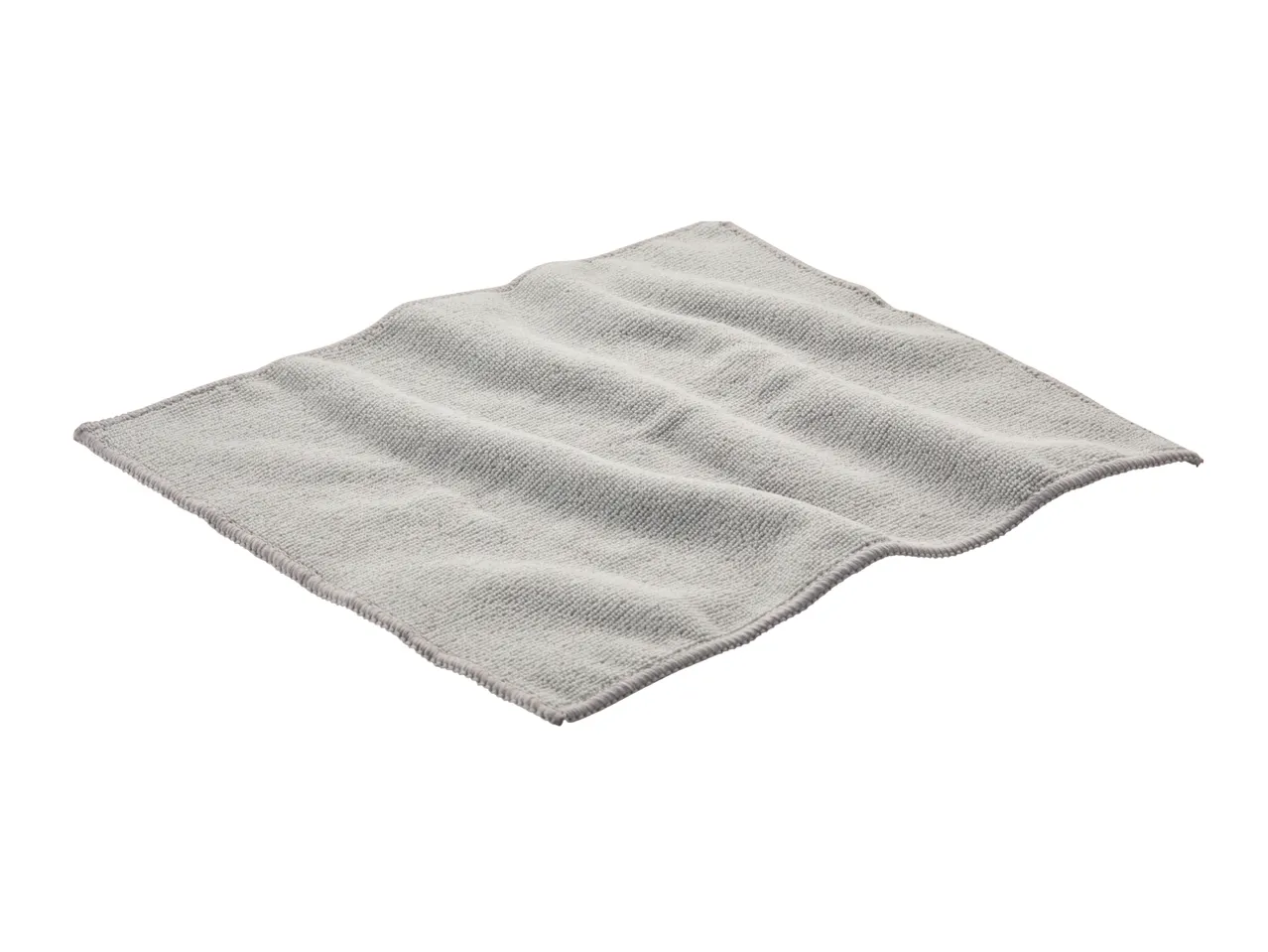 A light gray microfiber cleaning cloth is shown, folded and slightly rumpled.
