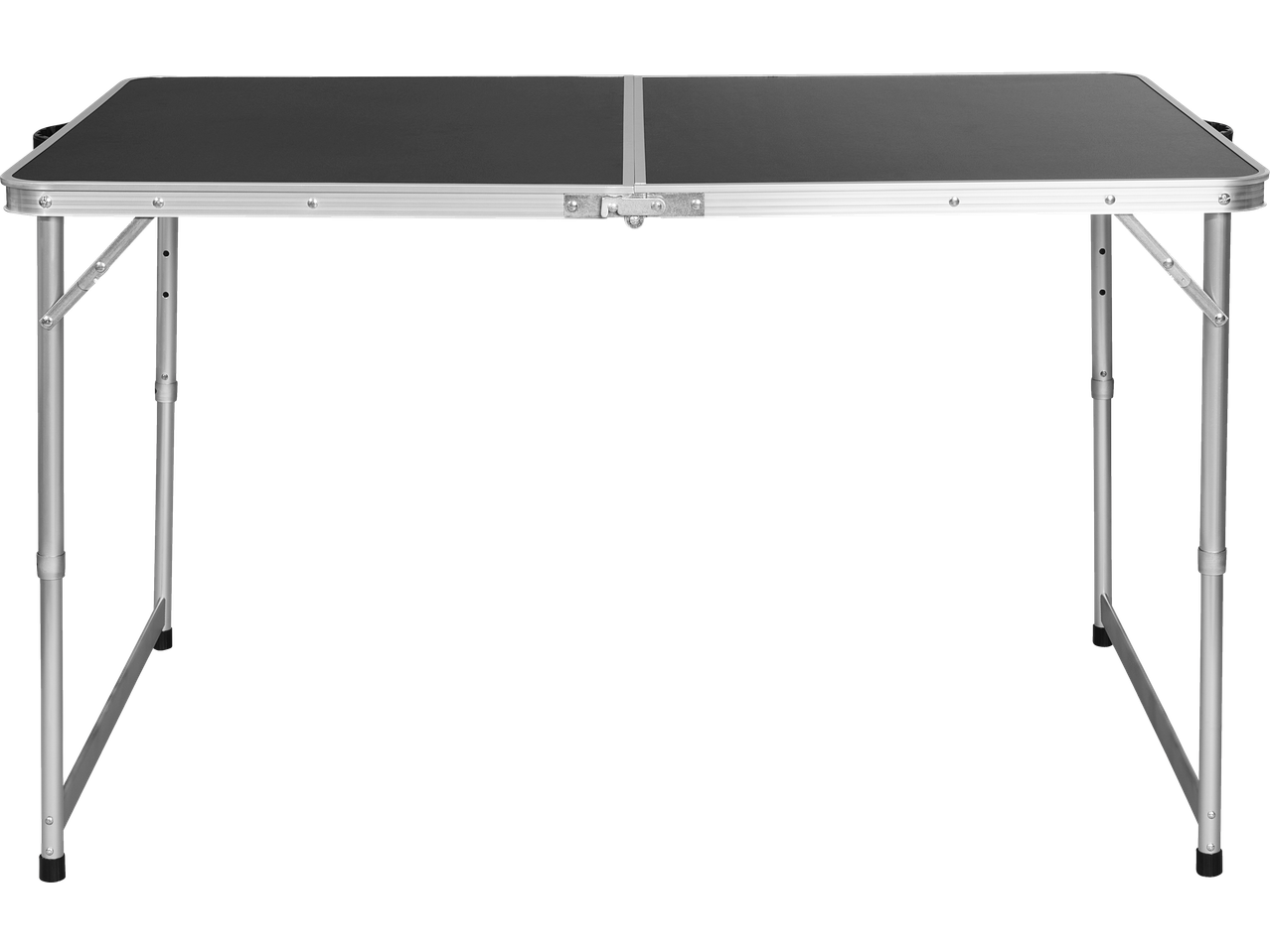 CRIVIT Klappbarer Campingtisch mit schwarzer Oberfläche und Metallbeinen.