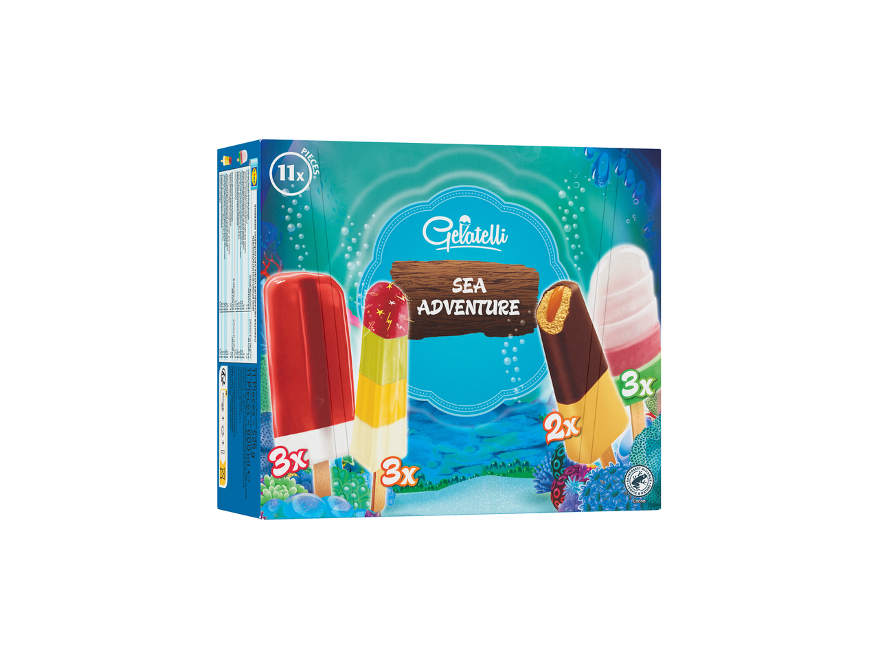Gelatelli Sea Adventure: verschillende ijsjes op een stokje.