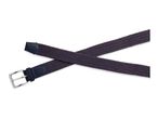 A dark blue braided belt with a silver buckle, laid out on a white background.