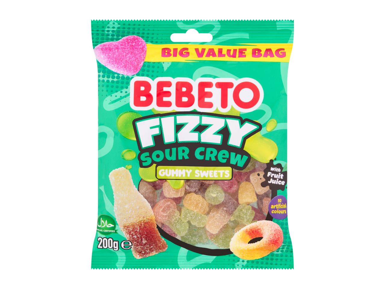 A 200g bag of fizzy sour crew gummy sweets with fruit juice.