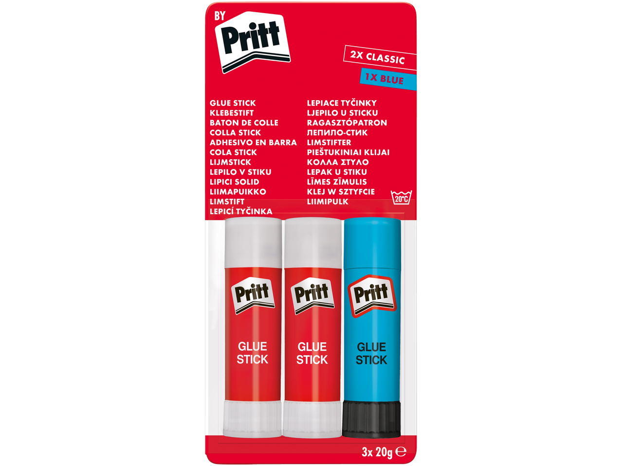 Pritt Glue Sticks: 2 classic red and 1 blue, 3x 20g pack.