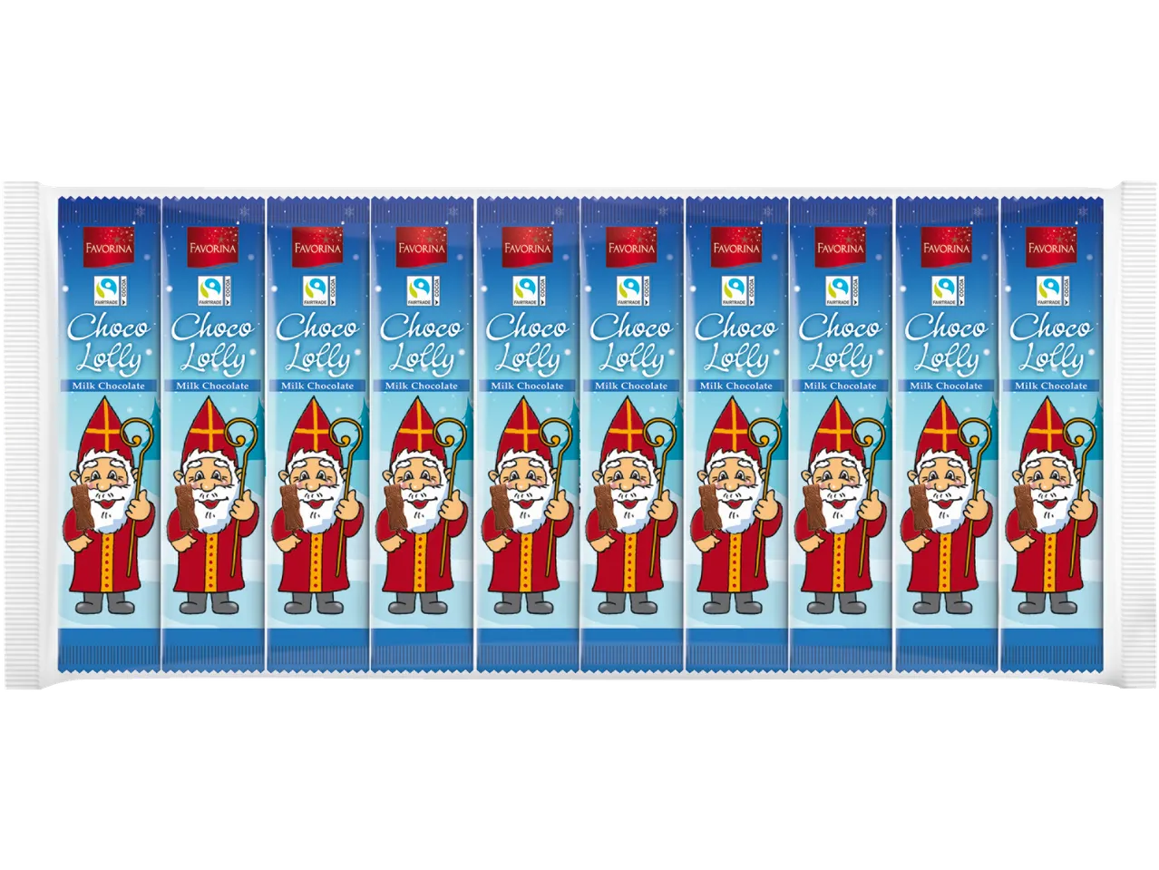 Tien Favorina Choco Lolly melkchocolade repen met Sinterklaas-thema.